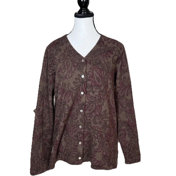 Carole Little Angora Lambswool Cardigan Sweater Brown Burgundy Paisley 1X NWOT - Picture 2 of 5